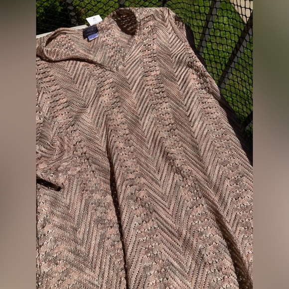 Elif Open Knit V Neck Shiny Metallic Pink Grey Swim Cover Up Tunic Bell Sleeves - Picture 4 of 16